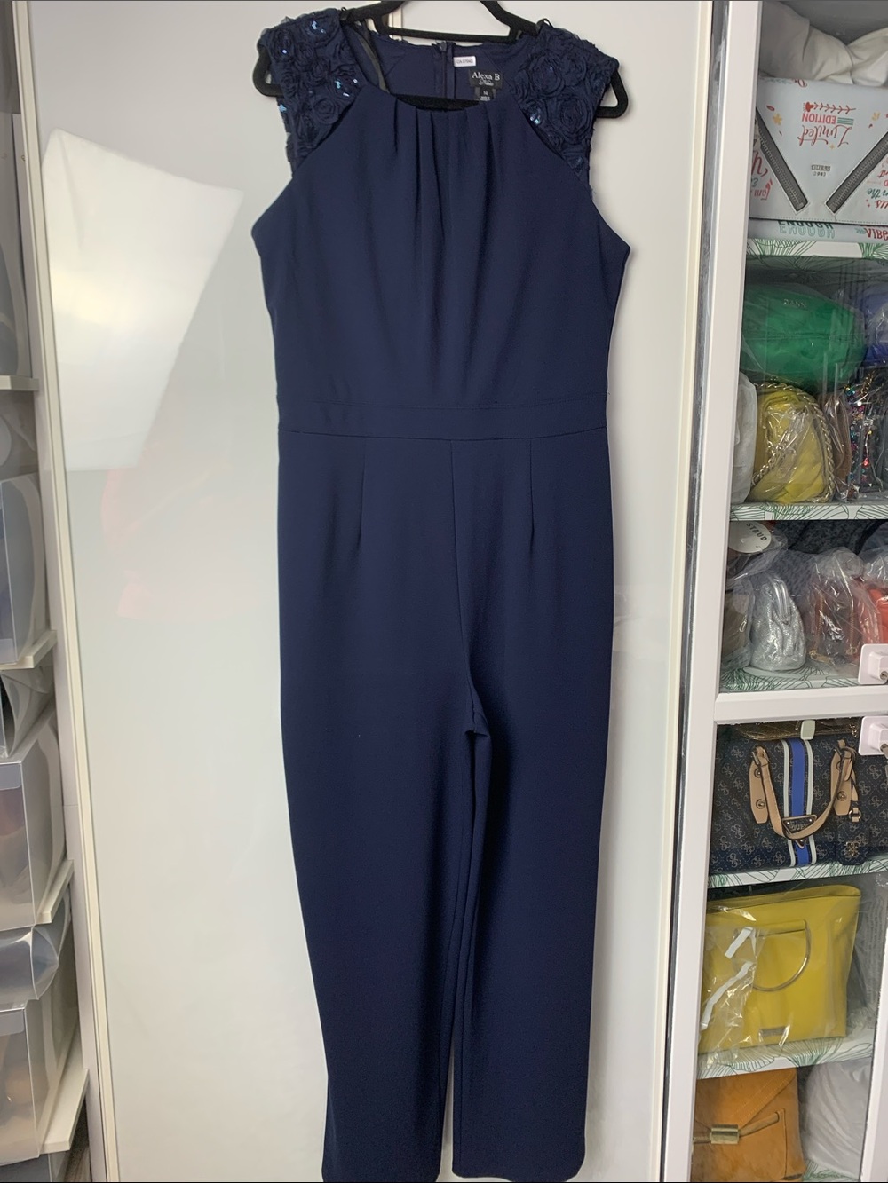 Alyce Paris Navy Lace-Shoulder Jumpsuit